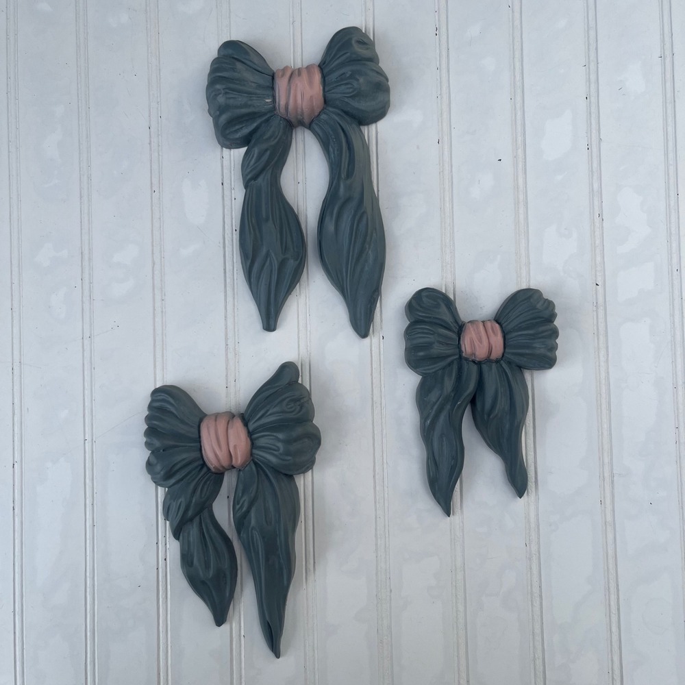 Vintage Homco 1991 Resin Wall Bows Set of 3 Slate Blue Pink Ribbon Decor 7611